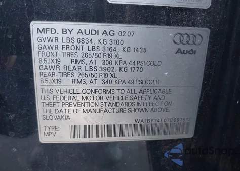 2007 Audi Q7 3.6 Premium from USA, damaged, VIN WA1BY74L07D087572